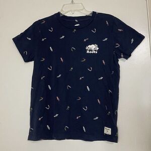 ROOTS Short sleeve crew neck navy blue surfers print logo shirt size small